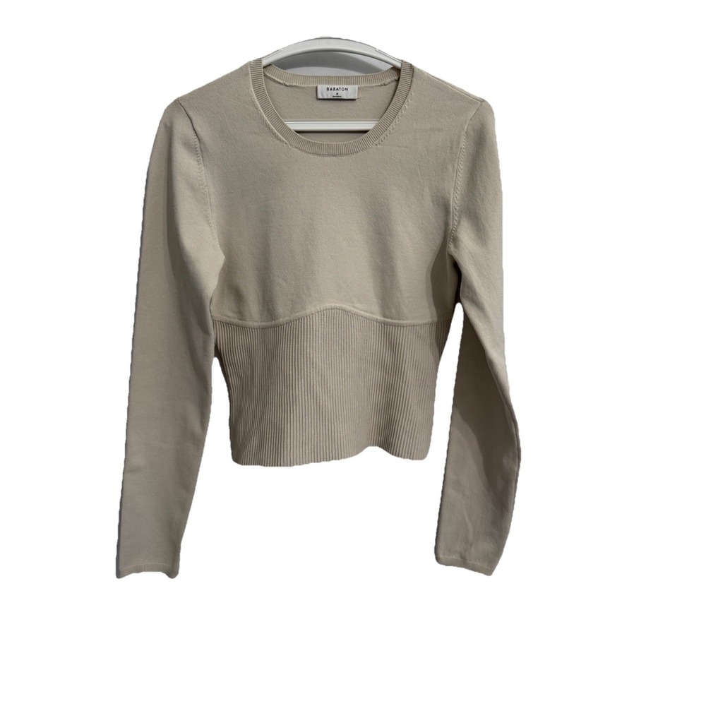 Babaton Size Medium Womens Long Sleeves Crew Neck Cropped Sweater Ivory Ribbed